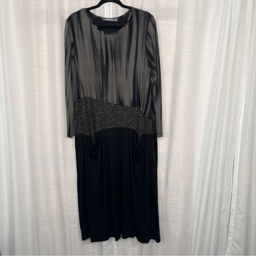 Long Sleeve Black Midi Dress with Patterned Waist